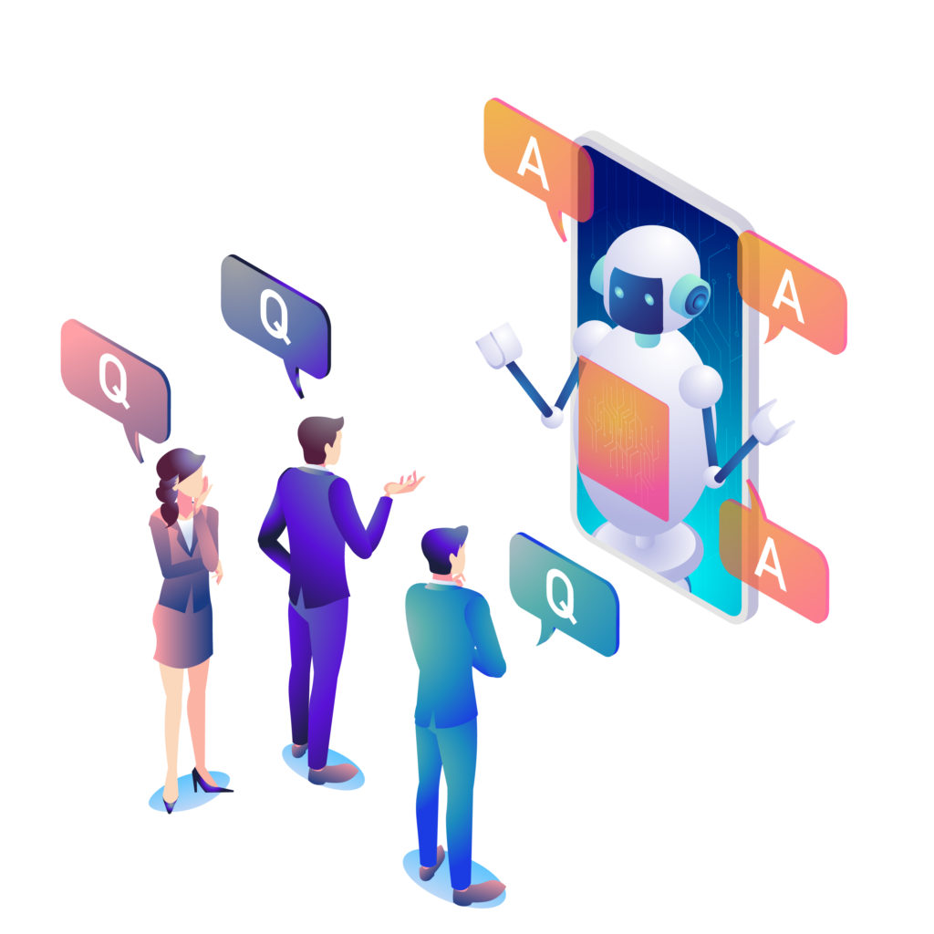 スマホ画面でAIロボットがたくさんの人々の疑問に的確に答えている様子